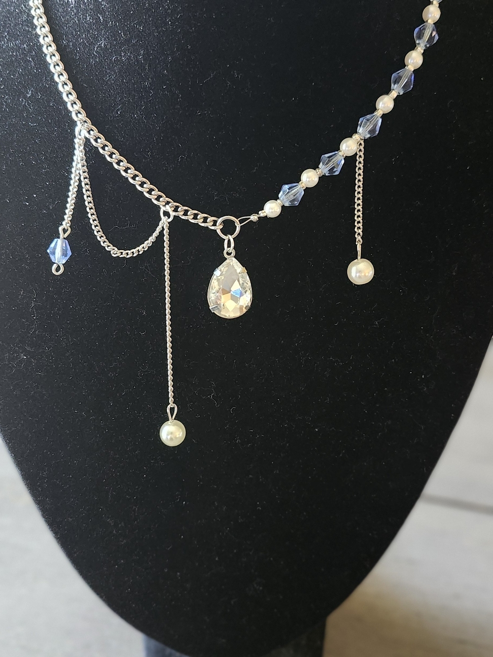Pendant Silver Multi-Chain Necklace with Blue Crystals and Pearls